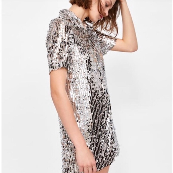 RARE! ZARA Silver Sequin Shirt Dress - Picture 4 of 8